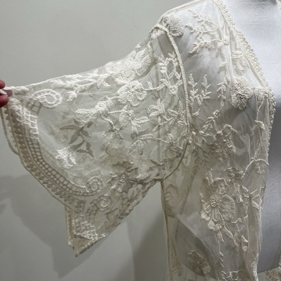 Womens Kimono Duster Cream Sheer Lace Embroiderd Whimsical Boho Indie Floral - Picture 2 of 7